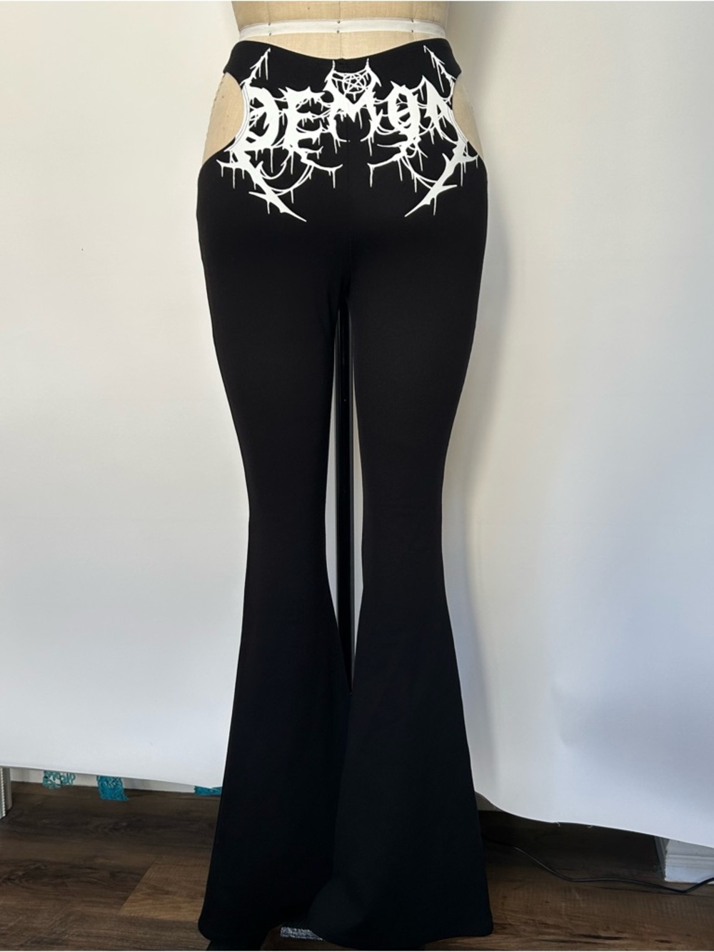 Dolls Kill Black High-Waist Flare Pants with White Graphic Waist